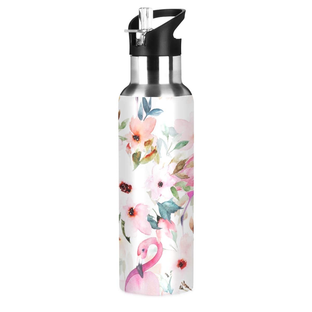 Mnsruu Flamingo Floral Print Water Bottle Thermos Drink Flask with Straw Lid for Boys Girls,600 ml,Leakproof Stainless-Steel Sports Bottle