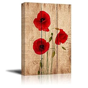 Canvas Prints Wall Art - Poppy Flowers on Vintage Wood Background - 12" x 18"