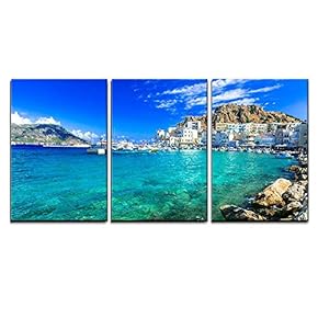 3 Piece Canvas Wall Art - Beautiful Islands of Greece- Karpathos- Pigadia - Modern Home Art Stretched and Framed Ready to Hang - 16"x24"x3 Panels