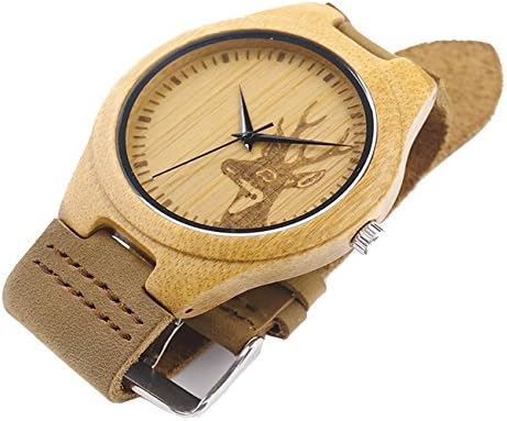 Bamboo Unisex Wooden Watches Stylish Brown Leather Strap with Bamboo Case