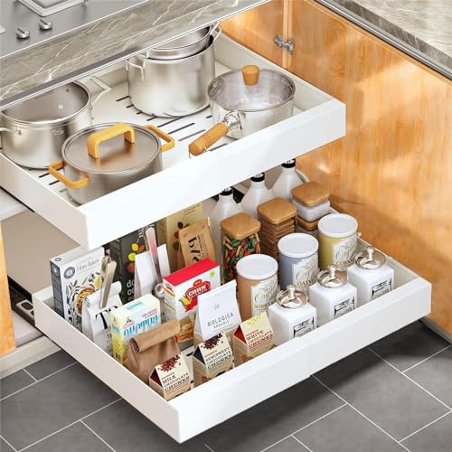 Fohome Expandable Pull out Cabinet Organizer, Expandable Sliding Pull Out Drawers White, Slide out Cabinet Organizer Drawer Storage for Kitchen, Living Room, Home, Adjustable Width 32cm to 52 cm White
