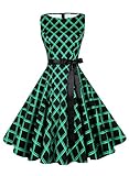 Anni Coco Vintage Boatneck Swing Cocktail Dresses 60s with Ribbon Belt - Plaid Green F19 X-Large