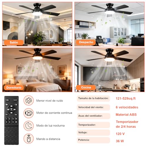 Ventilador de Techo con Luz de 42 Inch/107cm, Montaje Empotrado con Control Remoto, Silencioso de 5 Aspas, 3cct+6 Velocidades, Motor Reversible, Negro