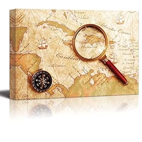 an Old Brass Compass on a Treasure Map with Magnifier Vintage Retro Style Travel Voyage Exploration Map - Canvas Art Wall Art - 12" x 18"