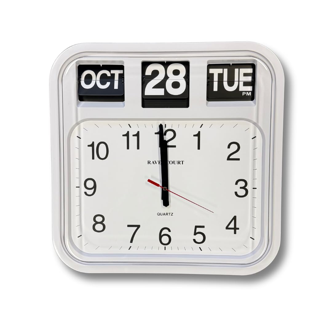 Ravencourt Large Flip Calendar Wall Clock, For Offices Or Public Sector, Stylish, Easy Read, High Contrast Clock Face, size 42cm x 44cm c 10cm, White