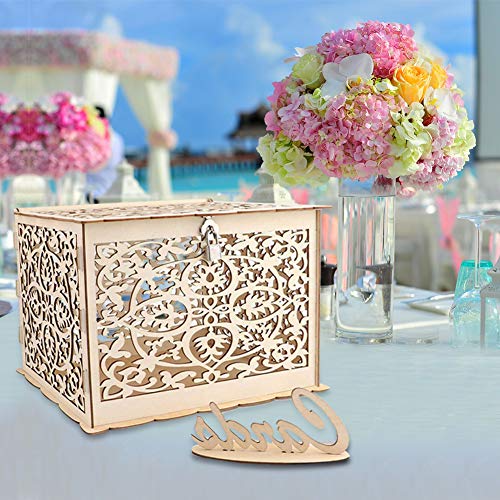 Wedding Card Box, Wooden Wedding Money Box Holder Hollow Diy Gift Box Rustic Wood Card Box With Lock And Cards Sign For Reception Weddings Baby Showers Birthdays Graduations Party Decorations - Thumbnail 5