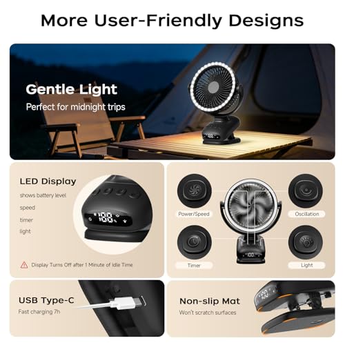 WUQNGI Mini Portable Fan, 10000 mAh Silent Table Fan, USB Powerful Desk Fan with Clamp and Timer, Oscillating, Rechargeable, LED Lights for Night Camper Stroller Office