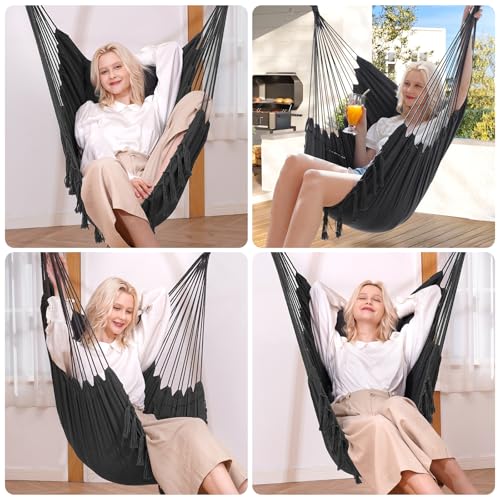 Y- STOP Hammock Chair Hanging Rope Swing, Max 500 Lbs, 2 Cushions Included, Large Macrame Hanging Chair with Pocket, Cotton Weave for Superior Comfort, Durability (Dark Grey)
