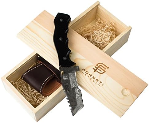 Kenta Damascus Steel Tanto Folder with a Brass Liner Lock, Black Linen Micarta Handle, and Custom Leather Sheath