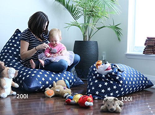 MiniOwls TOY STORAGE BEAN BAG - fits 200L/52 gal - Stuffed Animal Organizer in NAVY with white stars - Soft & Comfy Cover that Creates Cozy Lounger Bed – (Also comes in SMALL & GRAY)