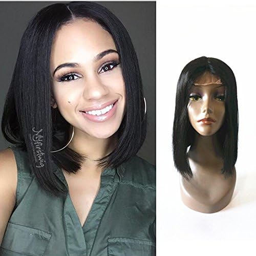 Enoya Human Hair Bob Wigs Middle Part Brazilian Straight Machine Made Glueless Short Wigs (12" middle part, natural Color)