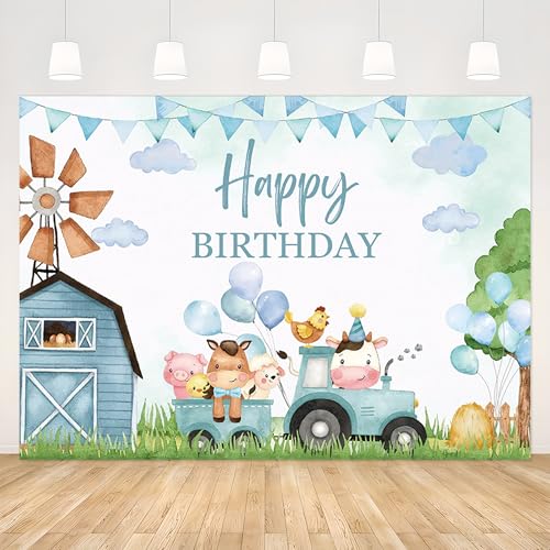 APROPHIC Kinder Geburtstagsbanner Hintergrund Blaue Tiere Fotohintergrund Happy Birthday Banner Foto Hintergründe Cartoon Lustig Kuh Schwein Fotohintergrund Fotowand Hintergrund 210x150cm