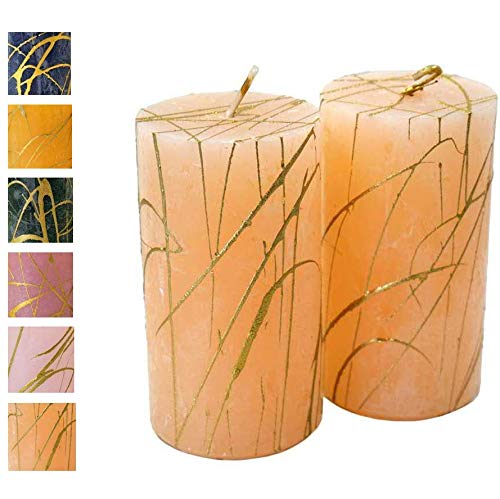 Klocke Kerzen Advent Candles with Gold Pattern - Pack of 2 Rustic Surface / Pillar Christmas Wreath (Peach, Height: 11 cm Diameter 6 2)