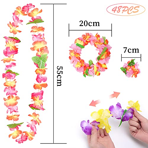 VGOODALL 48 STK. Hawaii Blumenketten, Leis Luau Bunte Hawaiiketten mit Halsketten Stirnbänder Armbänder für Hawaiian Party Strand Dekorationen Zubehör