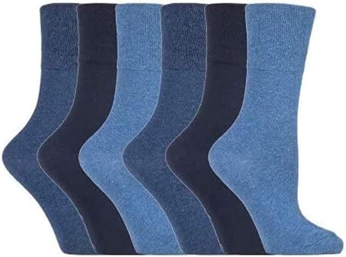 ITRAT Diabetic sock for Woman Non Elastic Wide Honey Comb Top Soft Cuff Ankle Wide Grip Odema Friendly Non Binding Circulatory For Swollen Feet legs Size 4-7 (Blues Mix 6 Pairs)