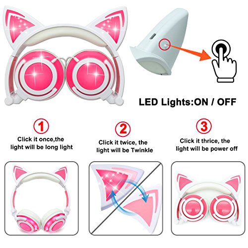 Qiwoo Kids Headphones with Cat Ear USB Rechargeable Adjustable LED Light Up Wired Over Ear Headphones 85dB Volume Limited Compatible for iPad Tablet for Kids Girls Boys Birthday Gift(Pink) - Thumbnail 3