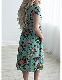 Vestido de verano para dama, manga corta, estampado floral, casual, suelto, plisado, con bolsillos