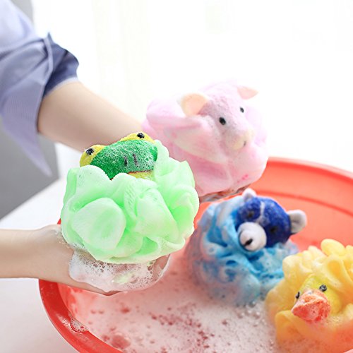 Bath Shower Sponge Pouf Loofahs 4 Packs, Mesh Brush Animal Shower Ball Great Christmas Gift for Kids (Random pattern, 30g/pcs)