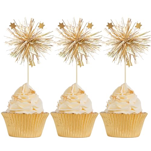 Gyufise 30Pcs Foil Firework Cupcake Toppers Happy Birthday Cake Toppers Sparkle Tinsel Flower Drink Stirrers Cocktail Fo