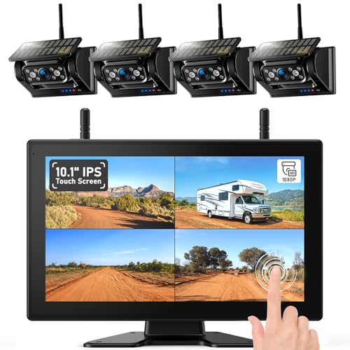 4 Magnetic Solar Wireless Reversing Camera Kit, 10.1" 1080P Touchscreen Monitor, 1 Min Installation, 9600mAh Rechargeable Battery, DVR Recording, IP69K Waterproof Camera for Trailer Van Motorhome