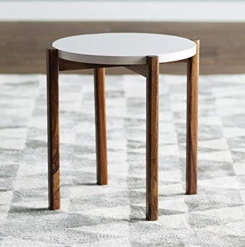 Unique Furniture Sheesham Wood Round Curve Shape Bed Side Table,Bedside Table for Bedroom Side Table (White & Brown)