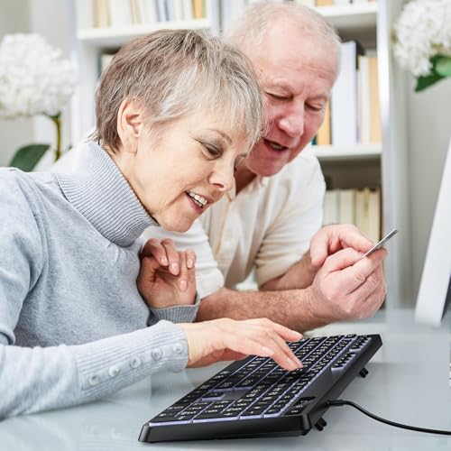 OMOTON Illuminated Keyboard, Cable PC Keyboard, QWERTZ White Illuminated with Large Pressure, 2 in 1 USB A/C for Seniors, Children, Visually Impaired for Windows with Multimedia Keys