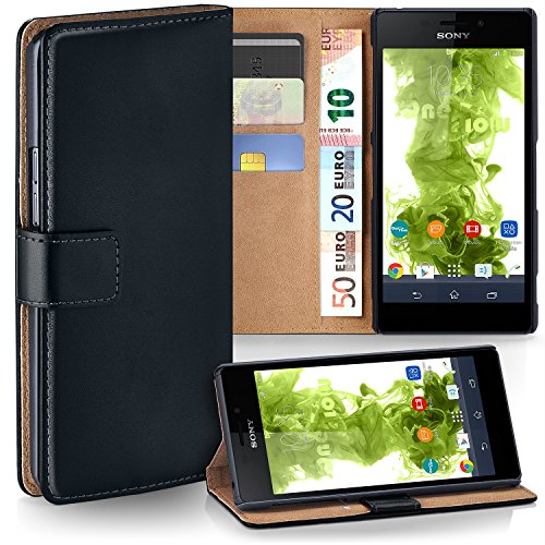 Xperia M4 Aqua Wallet Case, OneFlow [Credit Card Holder Slots and Kickstand] PU Wallet Case for Sony Xperia M4 Aqua Faux Leather Flip Folio Cover - DEEP-BLACK