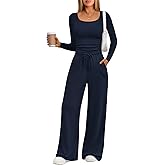 Trendy Queen 2 Piece Scoop Neck Lounge Set Womens Wide Leg Pants Side Ruching Slightly Crop Top Sweatsuit Sets With Pockets