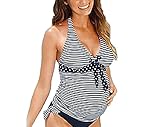 Summer Mae Women Maternity Pregnancy Halter Striped Tankini Swimsuit