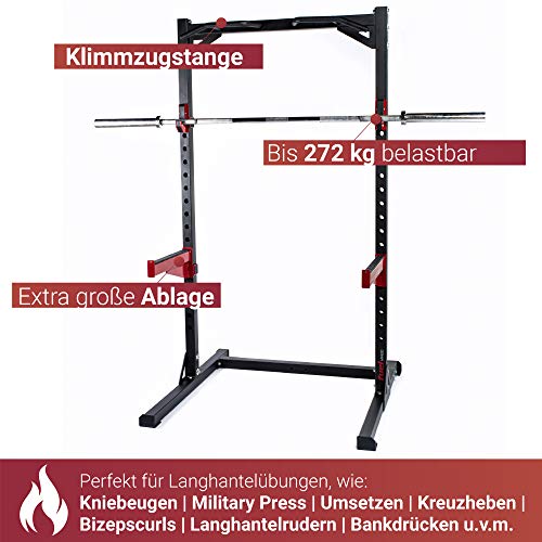 Fuel-Fitness-Half-Cage-HR300-Verstellbarer-Kniebeugestaender-mit-Sicherheitsablagen-Squat-Rack-mit-Langhantelstaender-Kniebeugestaender-mit-Klimmzugstange-bis-272kg-belastbar