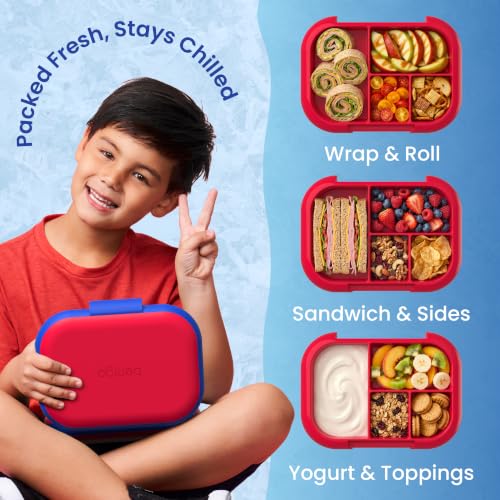 Bentgo Chill Kids Leak-Proof Lunch Box - 4-Compartment Bento Box with Built-In Ice Pack, 3.3 Cup Capacity, PFAS & BPA-Free, Microwave & Dishwasher Safe, Ideal Size for Ages 3 to 7 (Red/Royal)