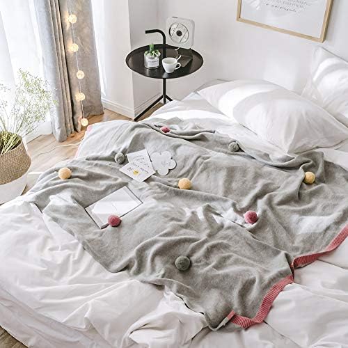 Luxury Pom Pom Knitted Throw 100% Cotton Ultra Smooth Knitted Blanket Thermal Grey Blanket for Bed Sofa and Couch 130x160cm