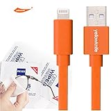 YellowKnife MFi Certified-IOS 7 Noodle Flat 8pin Lightning (3.2ft) Colorful USB Cable Supports Charging And Syncing for iPhone 5 5S 5C,iPad (Air/4th generation),iPad mini,iPod (7th generation),iPod touch (5th generation)&iPod nano(7th generation) With ZEISS Zeiss Pre-Moistened Lens Cloths (Orange-T)