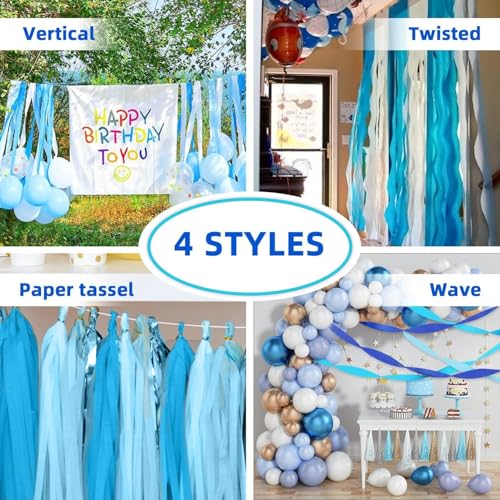 Crepe Paper Streamers 8 Rolls 656ft - Blue & White Party Decorations for Birthday, Wedding, Baby Shower, Pastel Royal Shades, 1.8x82ft/Roll Event Backdrop