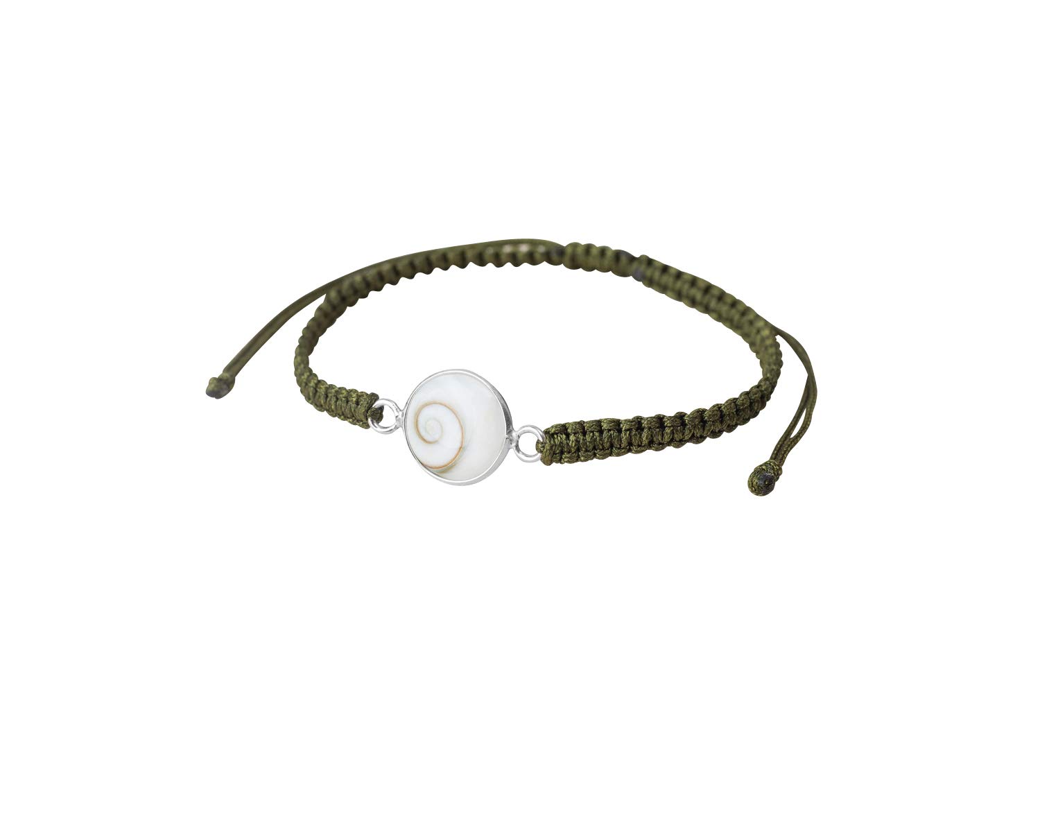 Vurmashop Silver Macrame Bracelet, 925 Sterling Silver, Natural Polished Shell, Adjustable Thread Bracelet, Black, Green, Eye of Shiva