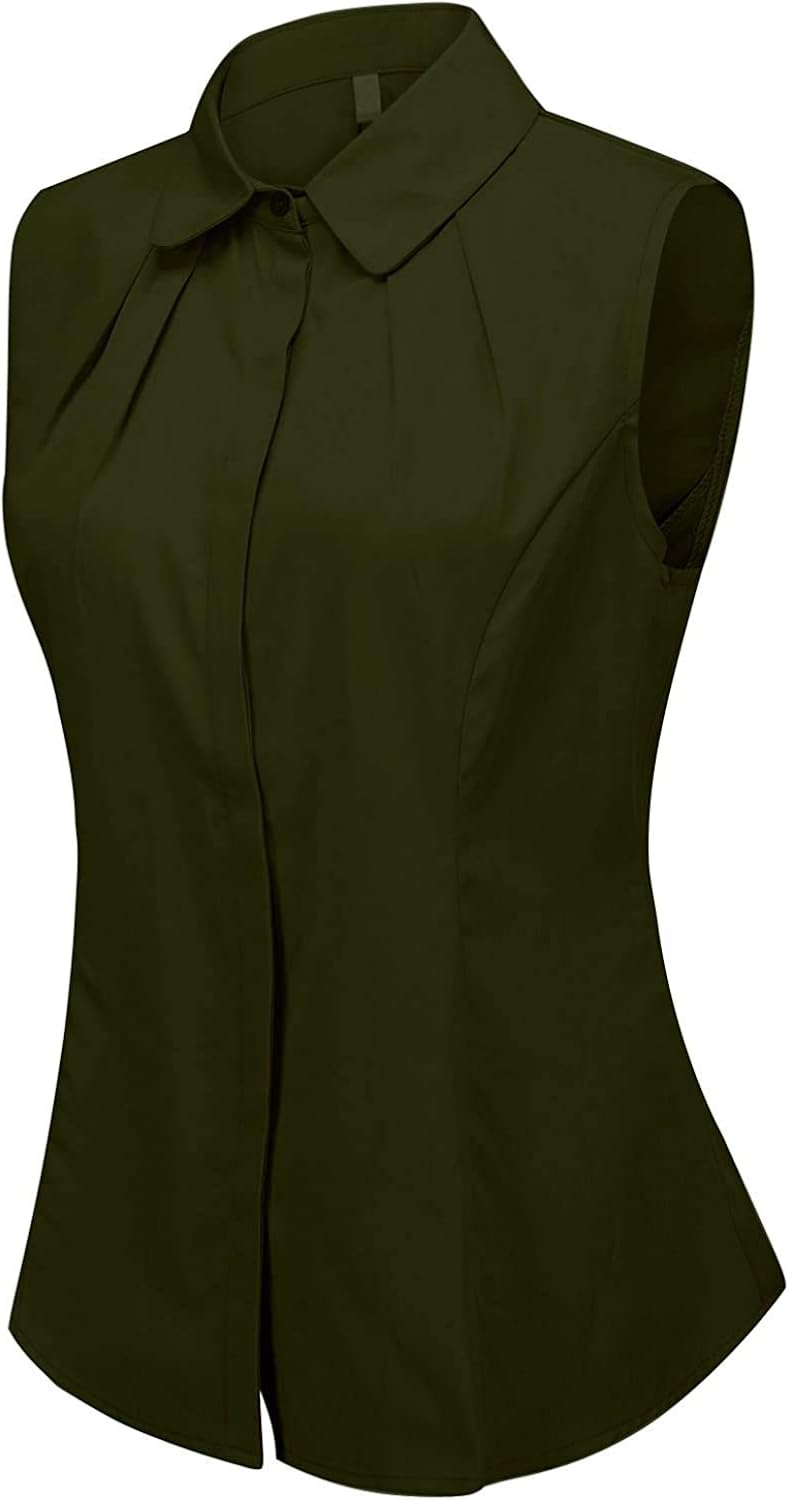 Whgdeftysd Women's Cotton Sleeveless Button Down Shirt Collared Pleated