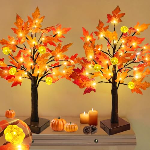 TURNMEON [ 2 Pack & Timer 24 Inch Lighted Maple Tree Fall Decor, Total 48 LED Battery Operated Tabletop Artificial Tree Design Patent Pumpkin & Acorn