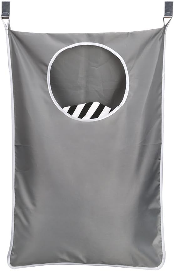 Foloda Door-Hanging Laundry Hamper Bag with 2 PCS Stainless Steel Hooks + 2 PCS Vacuum Suction Cup Hooks (Grey)