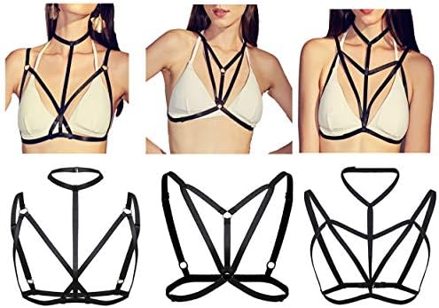 KissYan Sexy Strappy Harness Halter Body Cross Caged Bra Crop Top Body Bralette 3 PCS Black