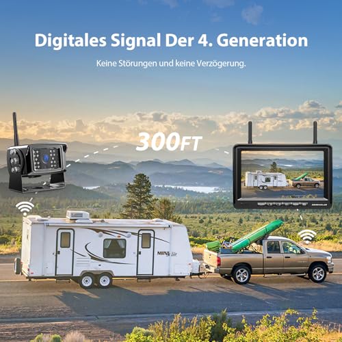 Digital Reversing Camera Wireless Set, 7 Inch HD LCD Monitor + Dual Cameras, IP69K Waterproof Reversing Camera, Radio, Night Vision, Wireless Parking Aid, Loop Recording, for Trucks, Caravans, Trailers
