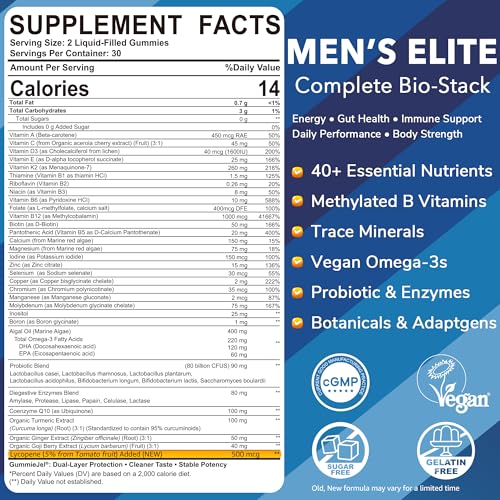 Mens Multivitamins Gummies, Methylated Multivitamin for Men, B Complex, Minerals, Vegan Omega 3, Probiotic, Enzyme, Antioxidants for Men's Complete Daily Support, Sugar Free, Vegan (No Iron) 60 Counts