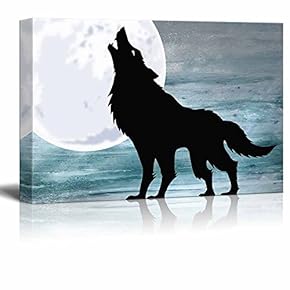 Animal Theme Canvas Wall Art - A Lonely Howling Wolf Under The Full Moon - Giclee Print Gallery Wrap | Modern Home Art Stretched & Ready to Hang - 12x18 inches