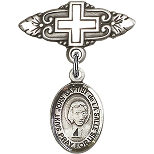 Sterling Silver Baby Badge with St. John Baptist de la Salle Charm and Badge Pin with Cross 1 X 3/4 inches