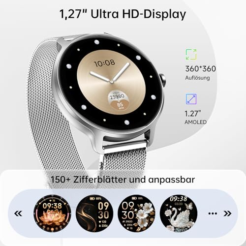 Smartwatch Women Men Round 1.27 Inch AMOLED Smart Watch with Phone Function, Fitness Watch Women with Heart Rate Monitor Sleep Monitor Pedometer 120+ Sports Modes IP68 Waterproof Sports Watch for