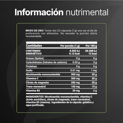 NMN Blend. Precursor de NAD. 180 Cápsulas. 1000 mg por Porción. Trans-Resveratrol, Vitamina C, Citrato de Magnesio y Vitamina B3. NMN Blend B Life.