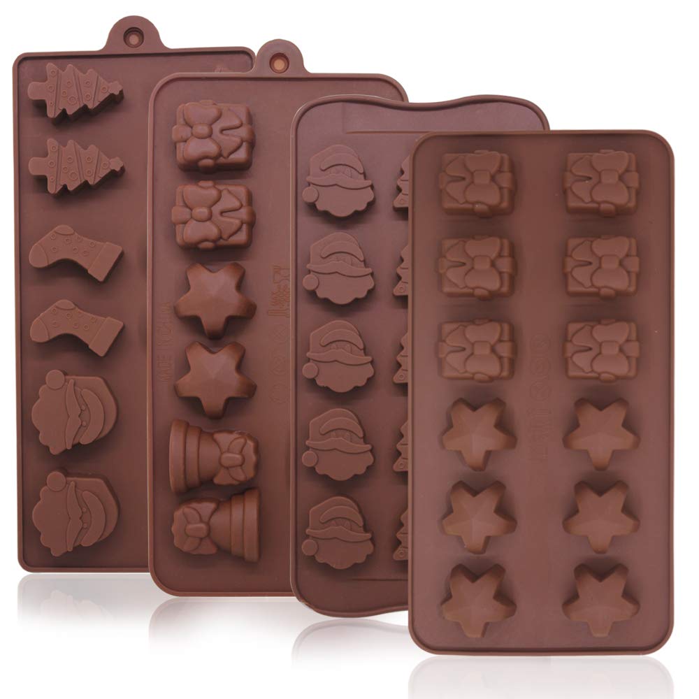 Christmas Chocolate Moulds,YuCool 4PCS Silicone Candy Molds DIY Baking Trays with Christmas Themed Shapes for Chocolate, Gummy, Cookies, Jelly, Biscuits Making for Xmas Party Deco