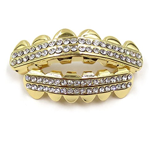 Jinao 14k gold plated 2 rows iced out cz teeth grillz t…