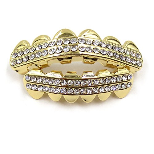 JINAO 14K Gold Plated 2 ROWS ICED OUT CZ Teeth GRILLZ Top Bottom Tooth Caps Hip Hop Bling NEW Grillz