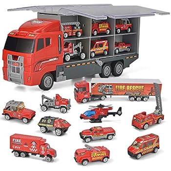 JOYIN 10 in 1 Die-cast Fire Engine Vehicle Mini Rescue Emergency Fire Truck Toy Set in Carrier Truck