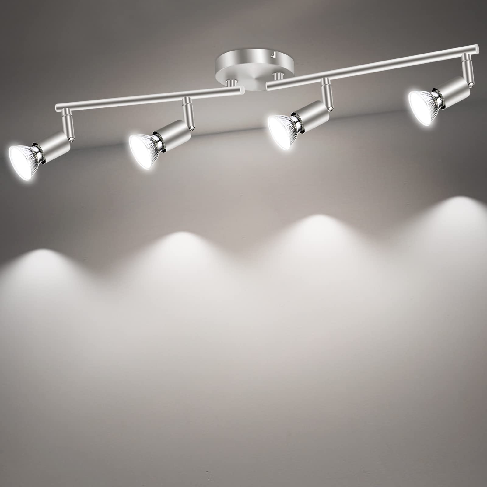 AIBOO 4 Way Rotatable Kitchen Ceiling Spot Light Bar, Flexible Ceiling Light for Living Room Bedroom, Matte Nickel (GU10 Bulbs NOT Included)
